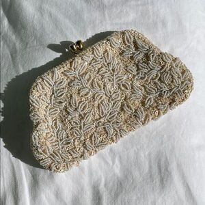 Vintage Heavy Nude Tone Sequin and White Beaded Evening Beaded Clutch